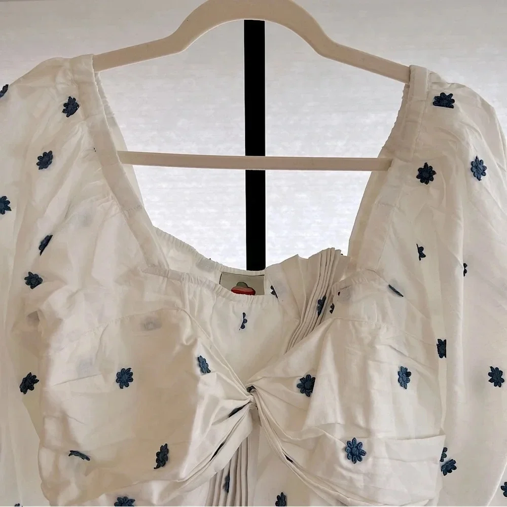 FARM Rio White Puff-Sleeve Tie-Front Blouse with Blue Embroidery